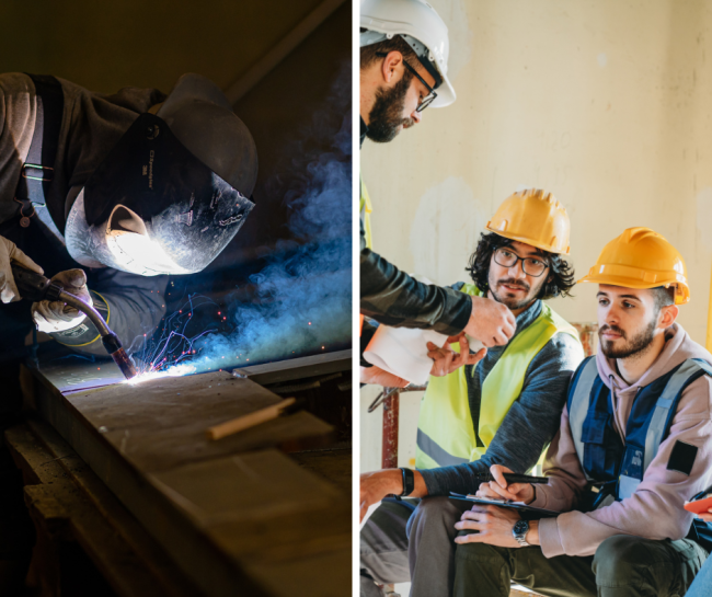A welder working, and two apprentices learnin.
